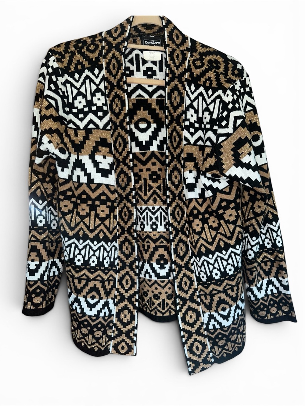 Southern Living Black White Tan Aztec Knit Open Cardigan. Beautiful!